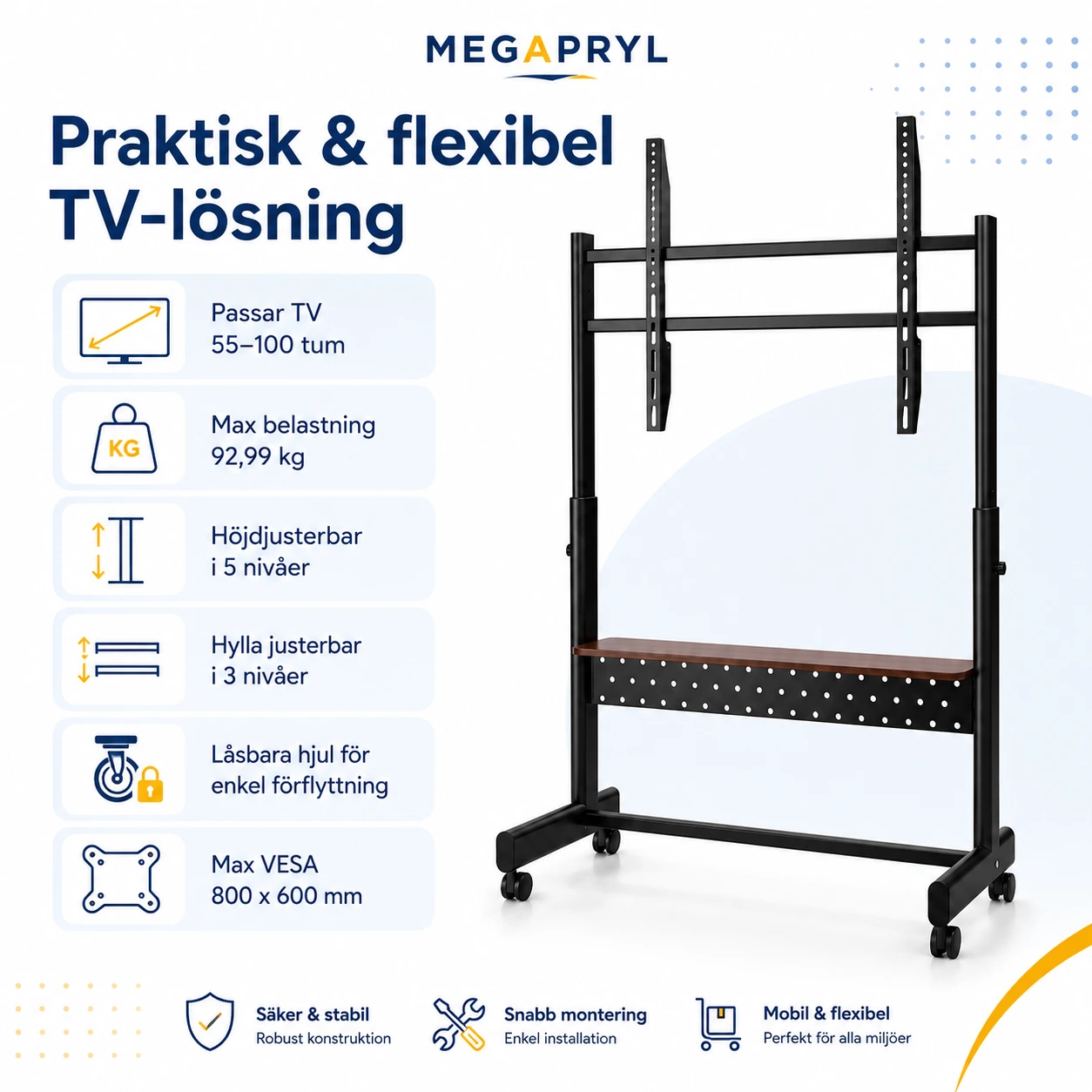 TV-Stativ på Hjul 55–100 Tum med Hylla