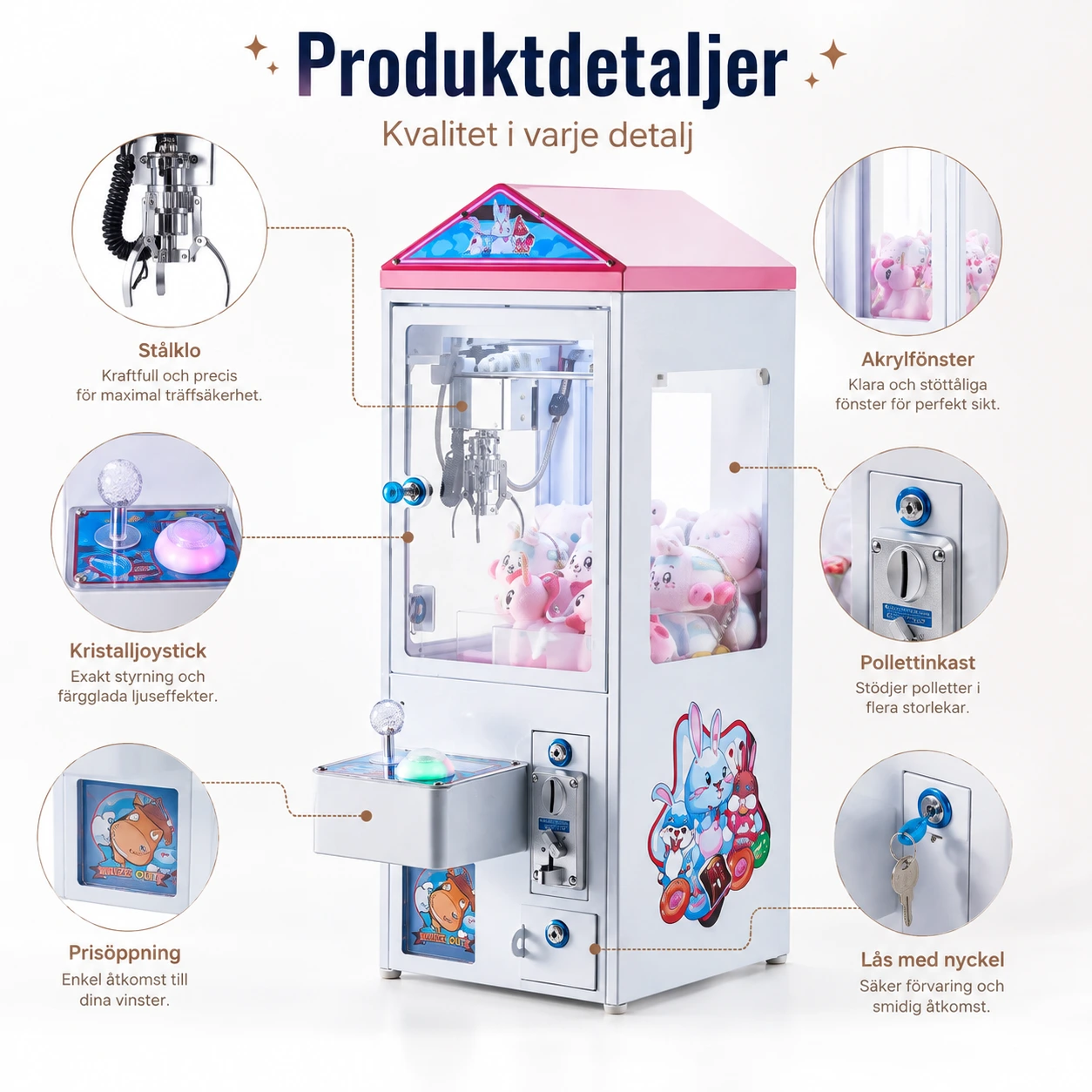 Kloautomat med joystick och ljus för priser och gosedjur