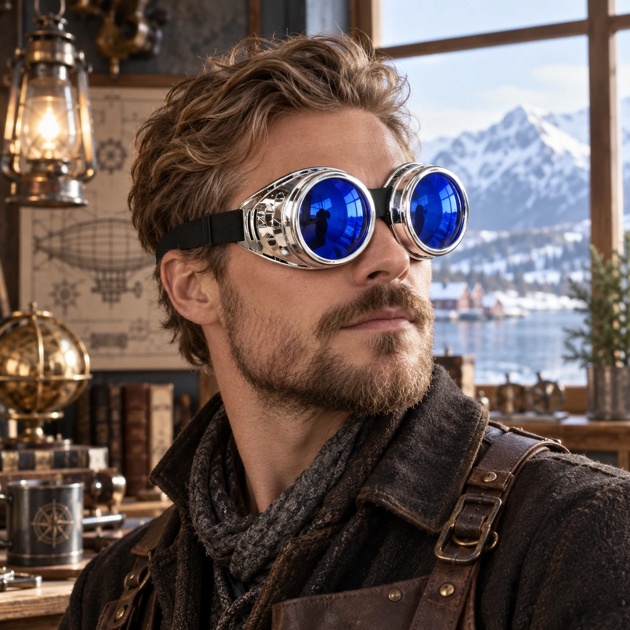 Silver Steampunk Skyddsglasögon med Blå Linser