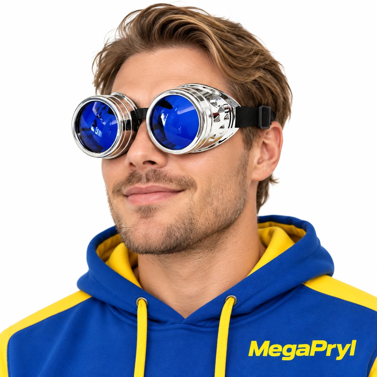 Silver Steampunk Skyddsglasögon med Blå Linser