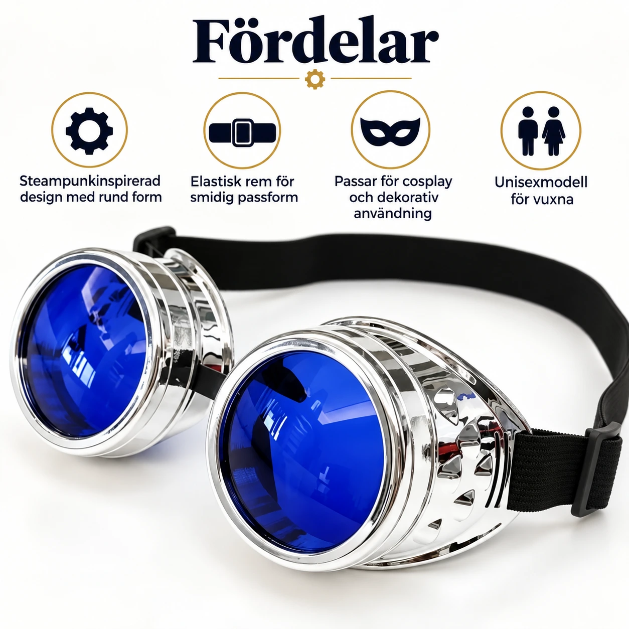 Silver Steampunk Skyddsglasögon med Blå Linser