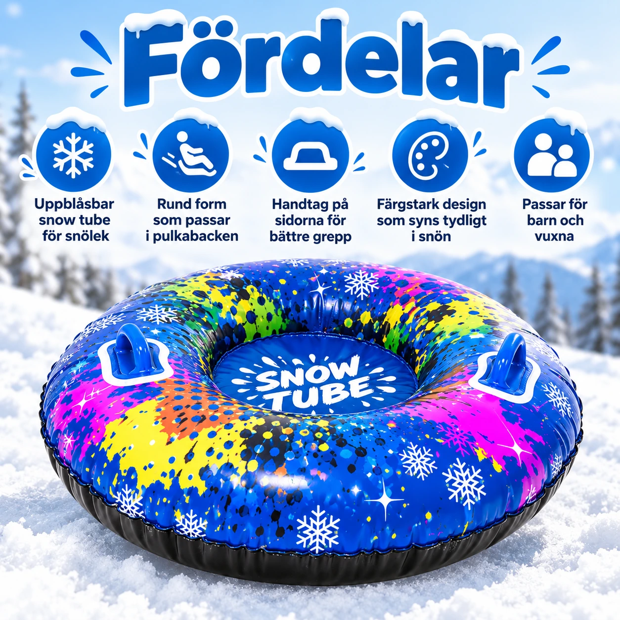 Uppblåsbar snow tube för snölek med handtag