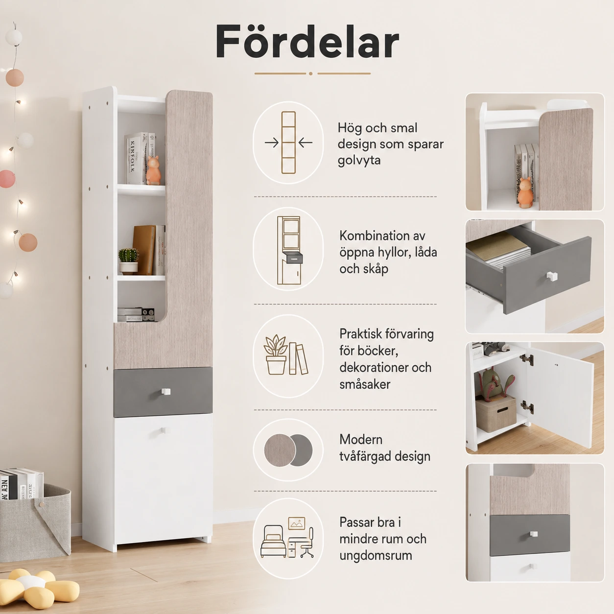 Hög bokhylla med skåp, låda och öppna hyllor