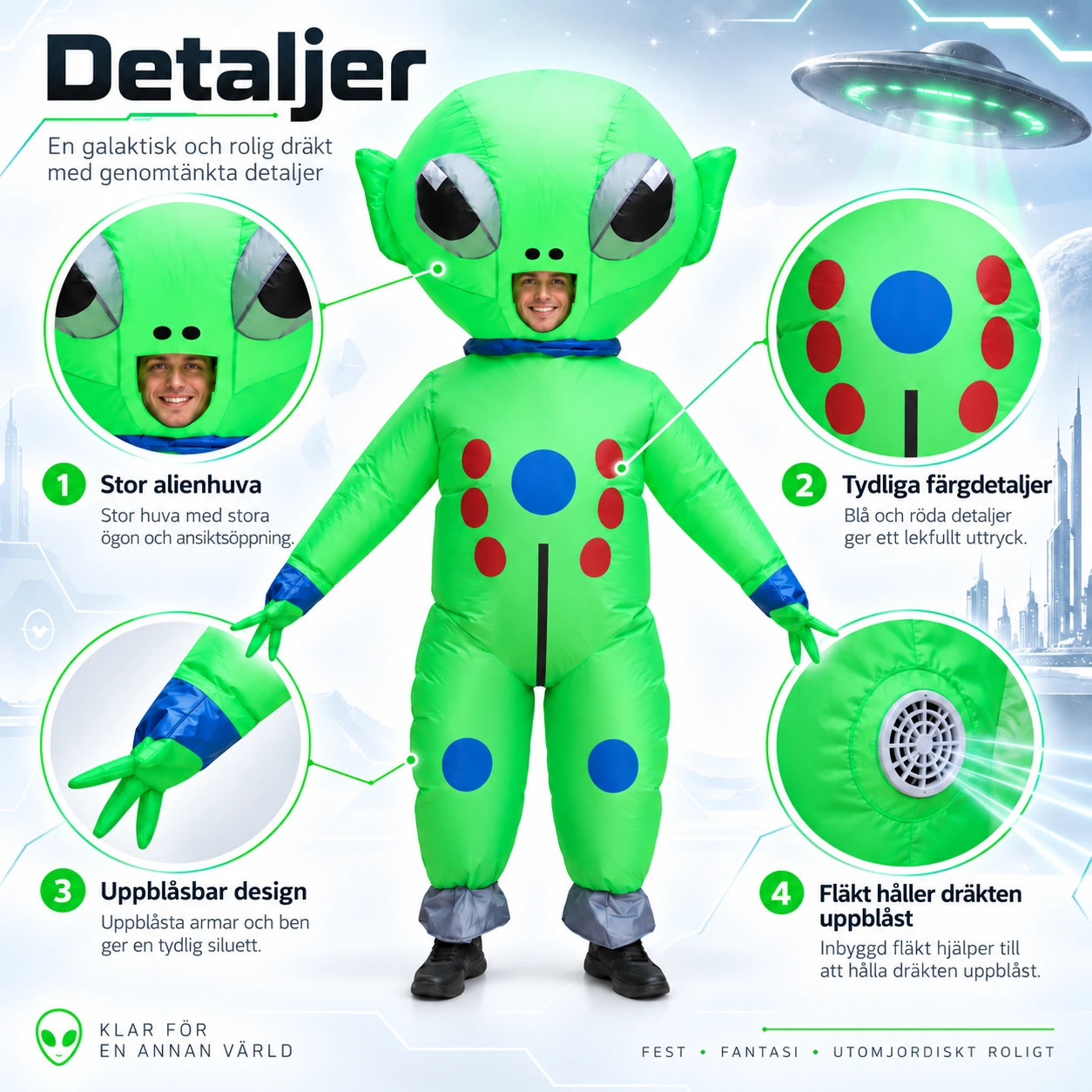 Maskeraddräkt vuxen med bärande alien uppblåsbar