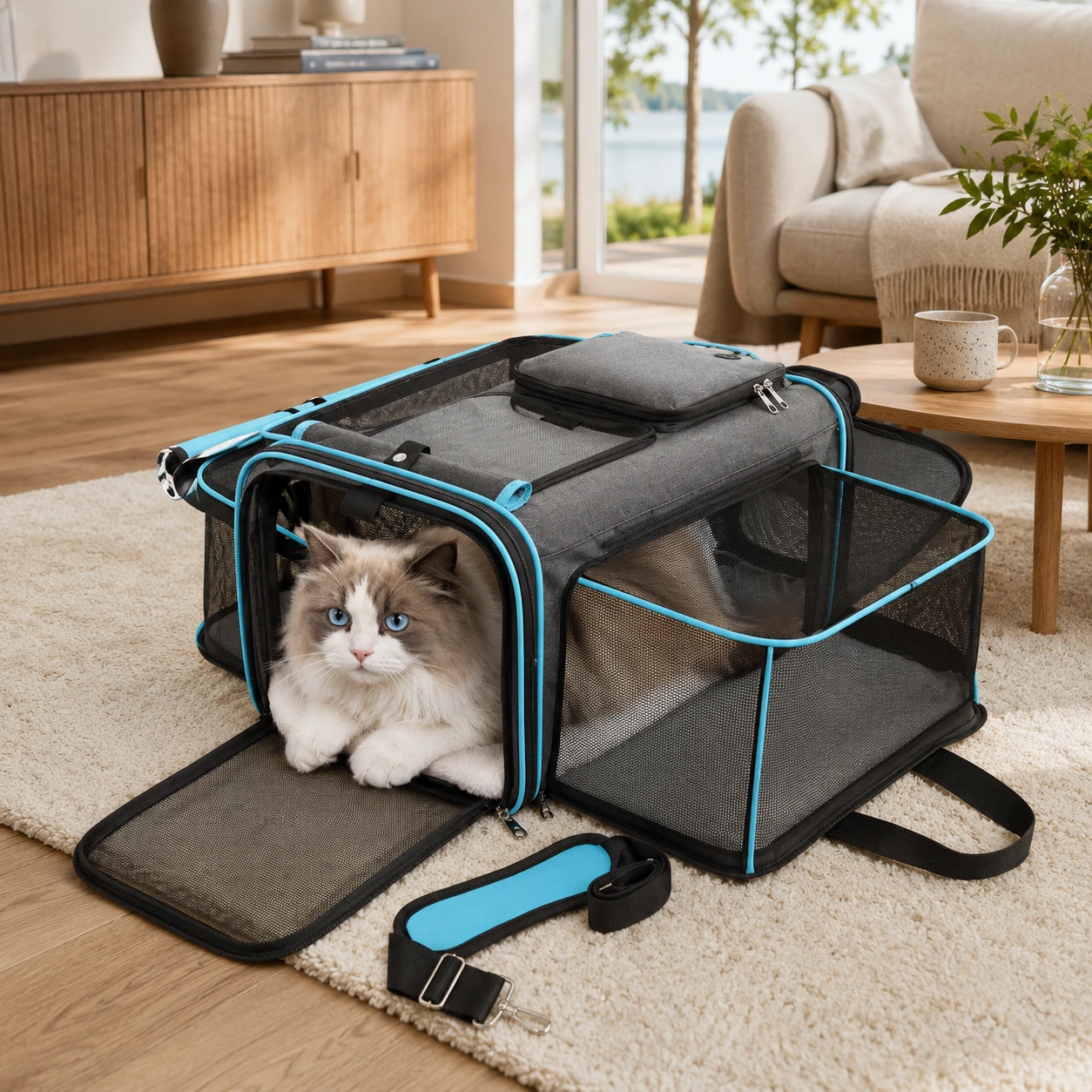 Hopfällbar transportväska för katt och hund med expanderbar sida
