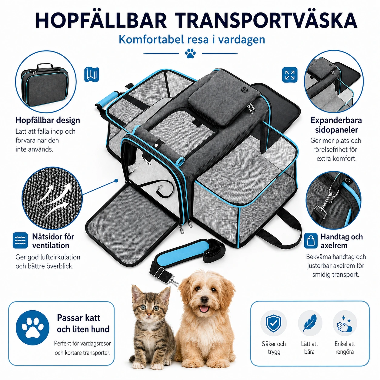 Hopfällbar transportväska för katt och hund med expanderbar sida
