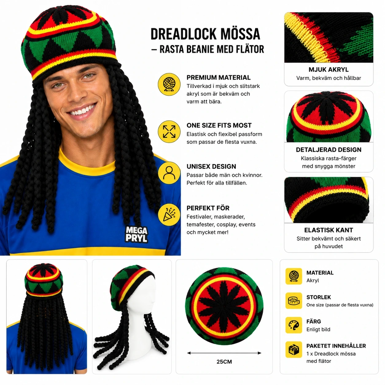 Dreadlock Mössa – Rasta Beanie med Flätor
