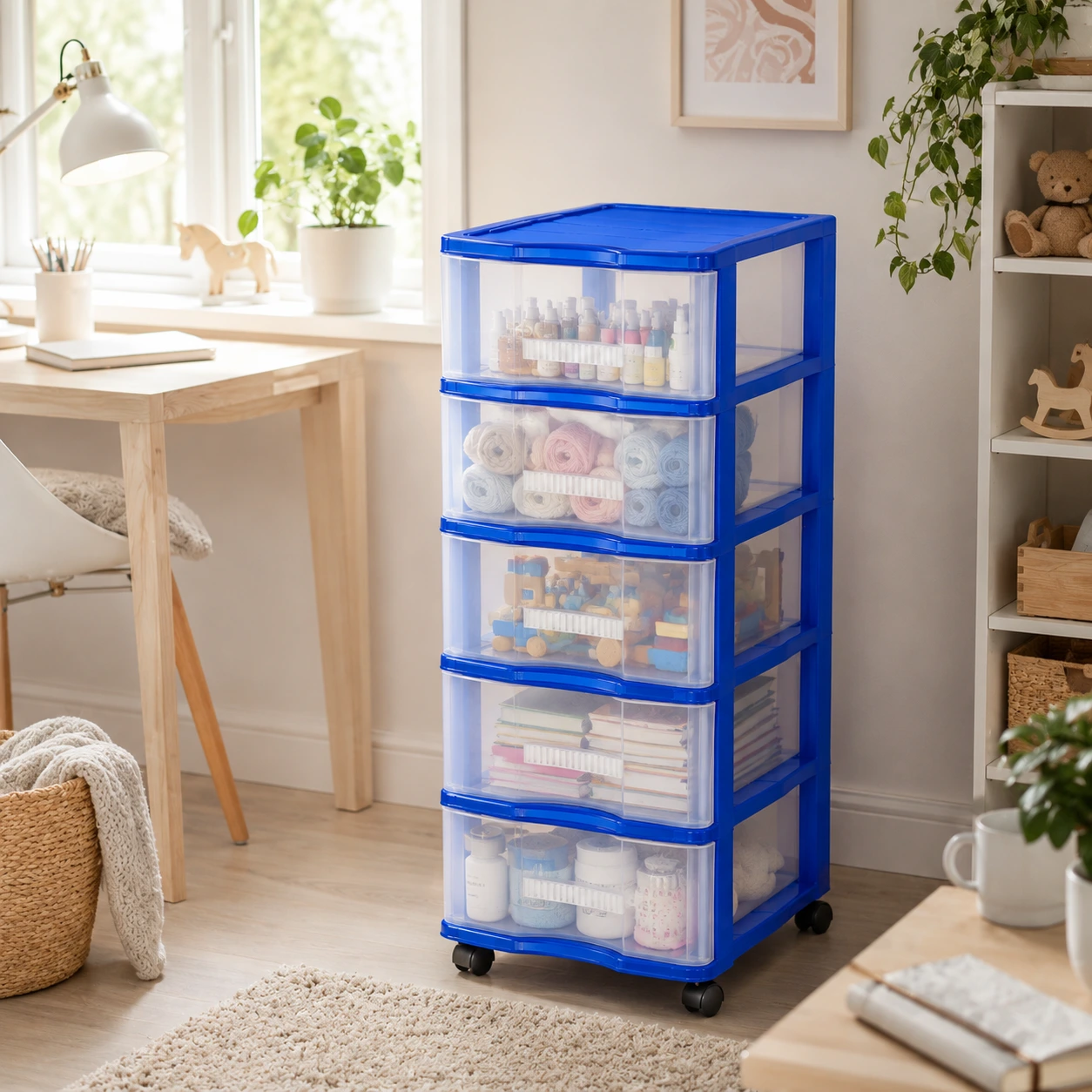 Förvaringsvagn med 5 lådor och hjul i plast