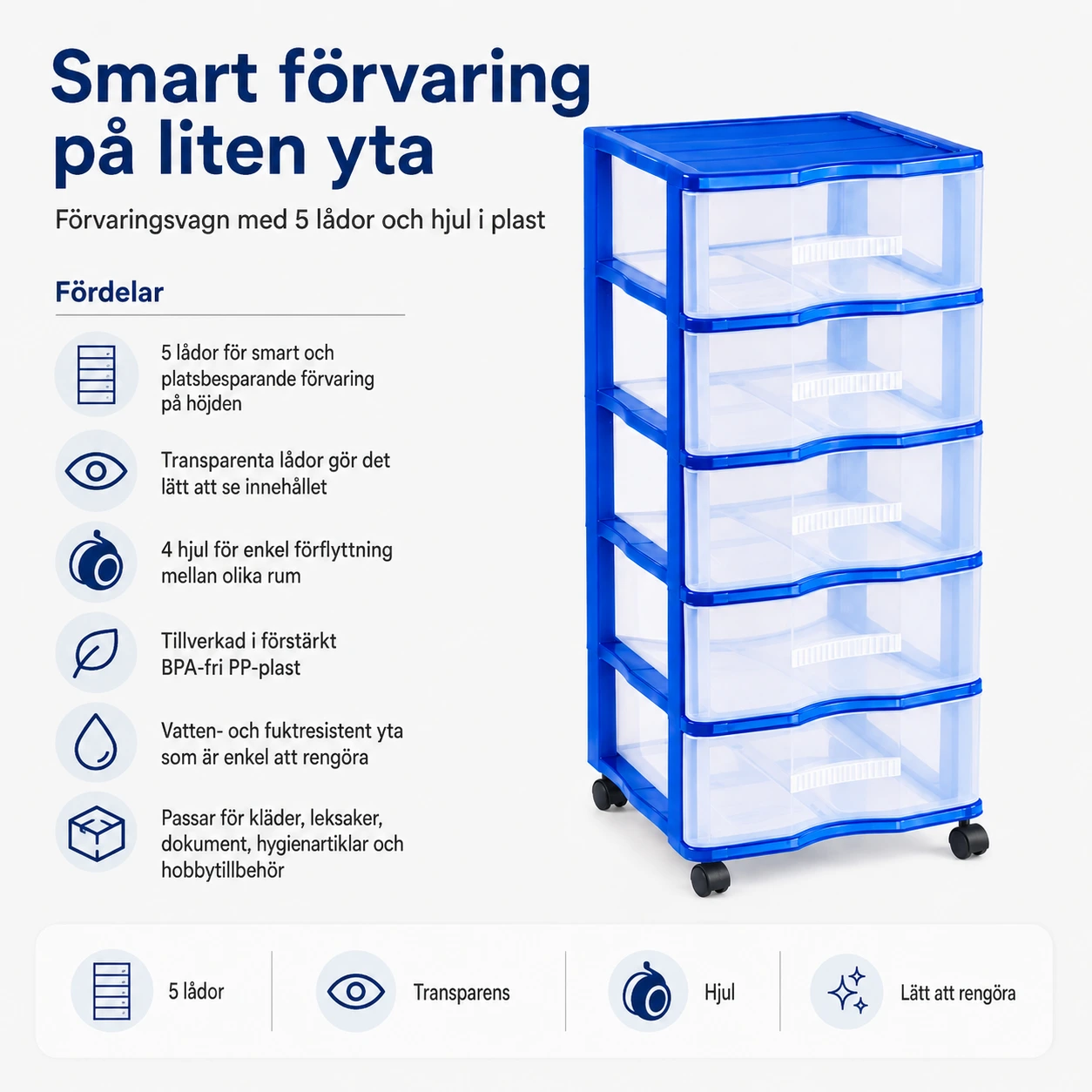 Förvaringsvagn med 5 lådor och hjul i plast