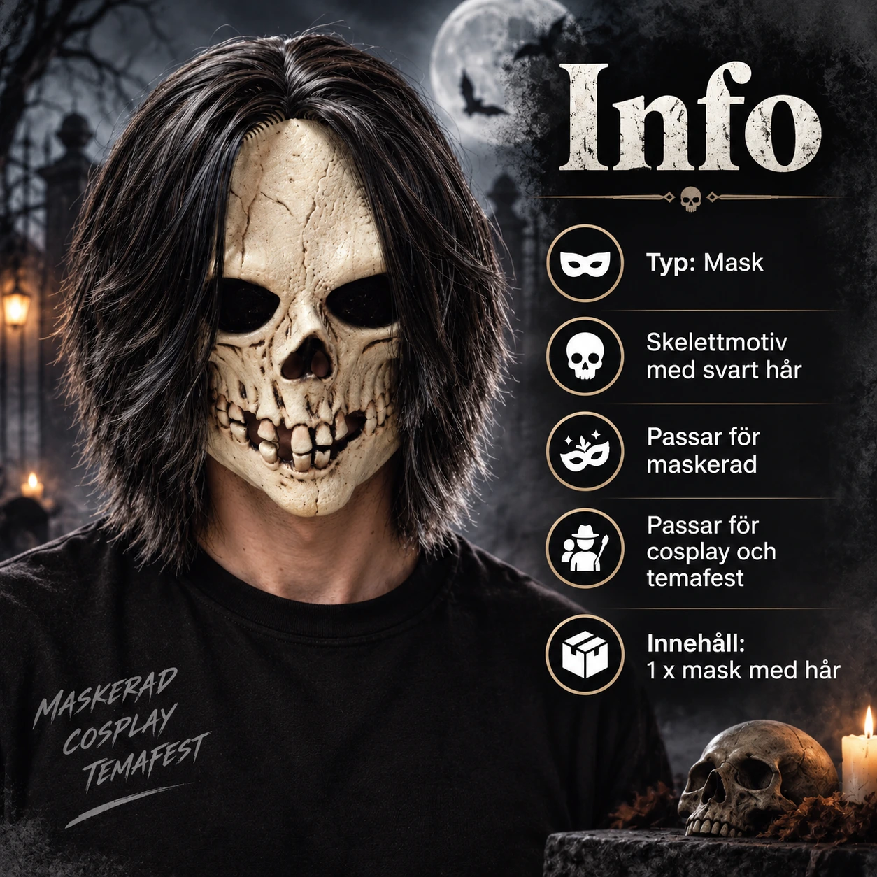 Mask skelett med svart hår