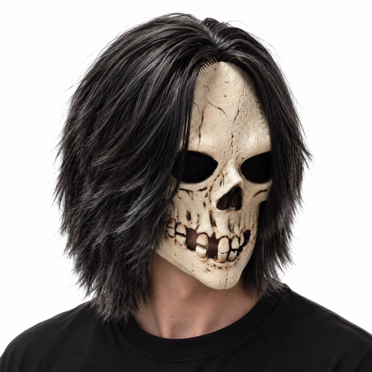 Mask skelett med svart hår