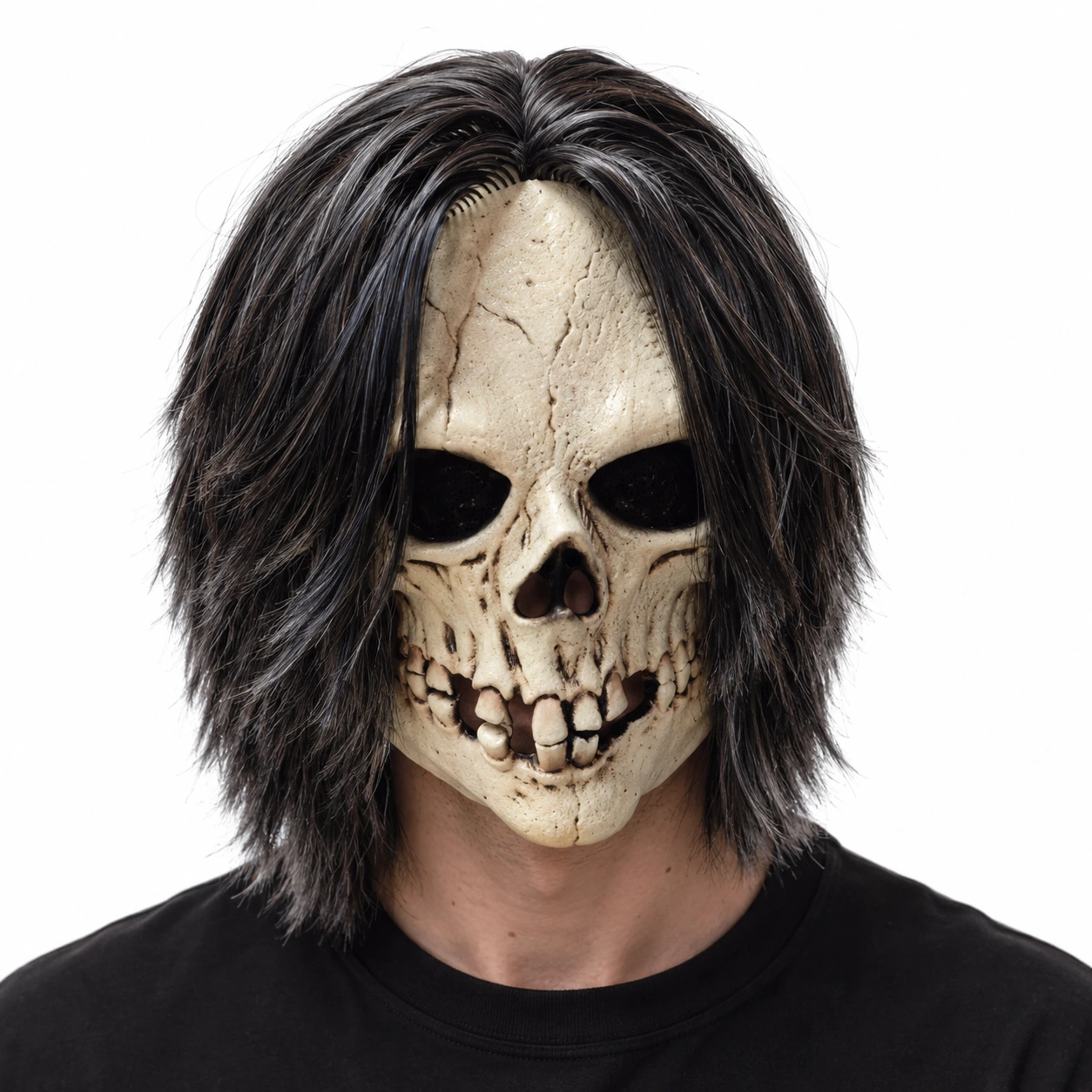 Mask skelett med svart hår