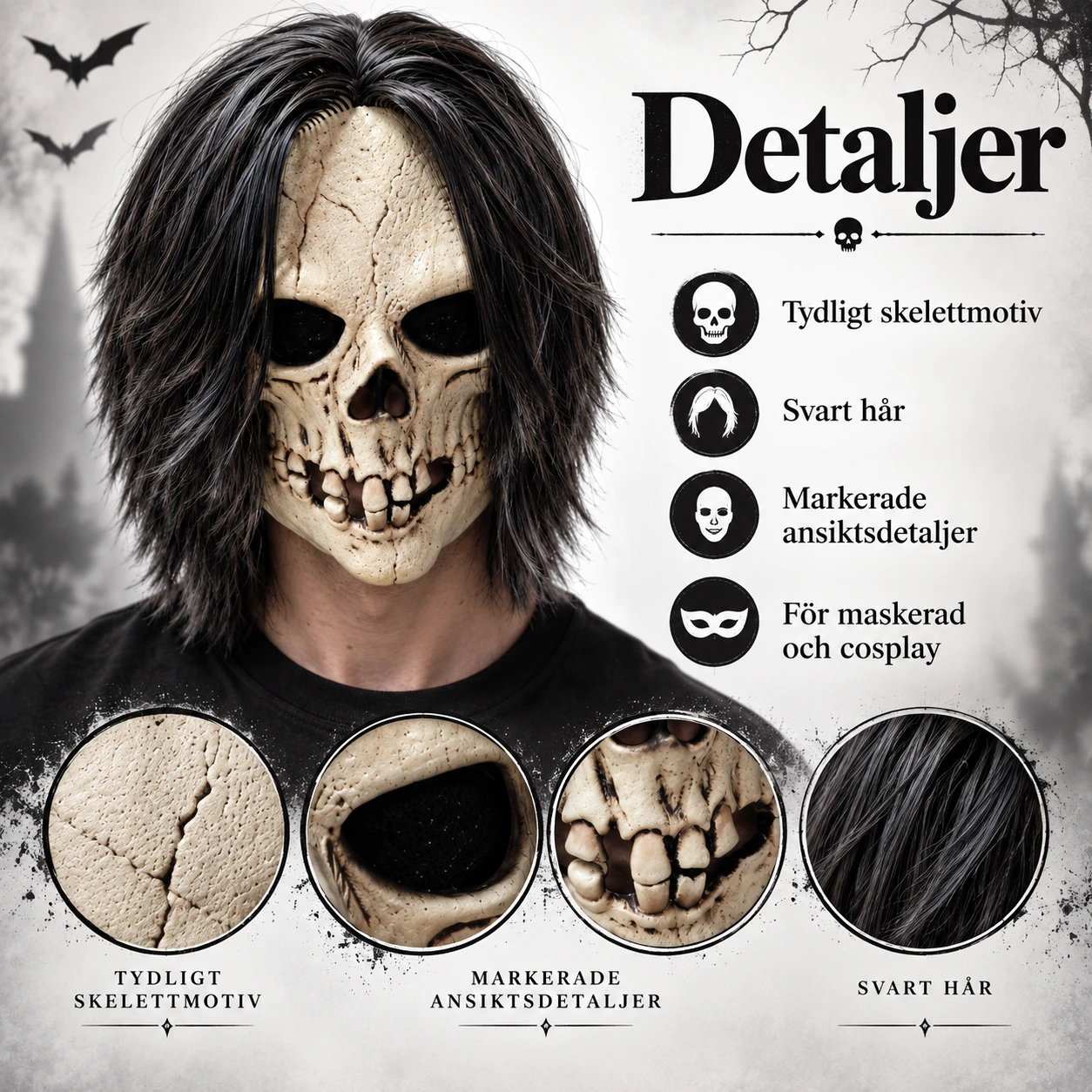 Mask skelett med svart hår