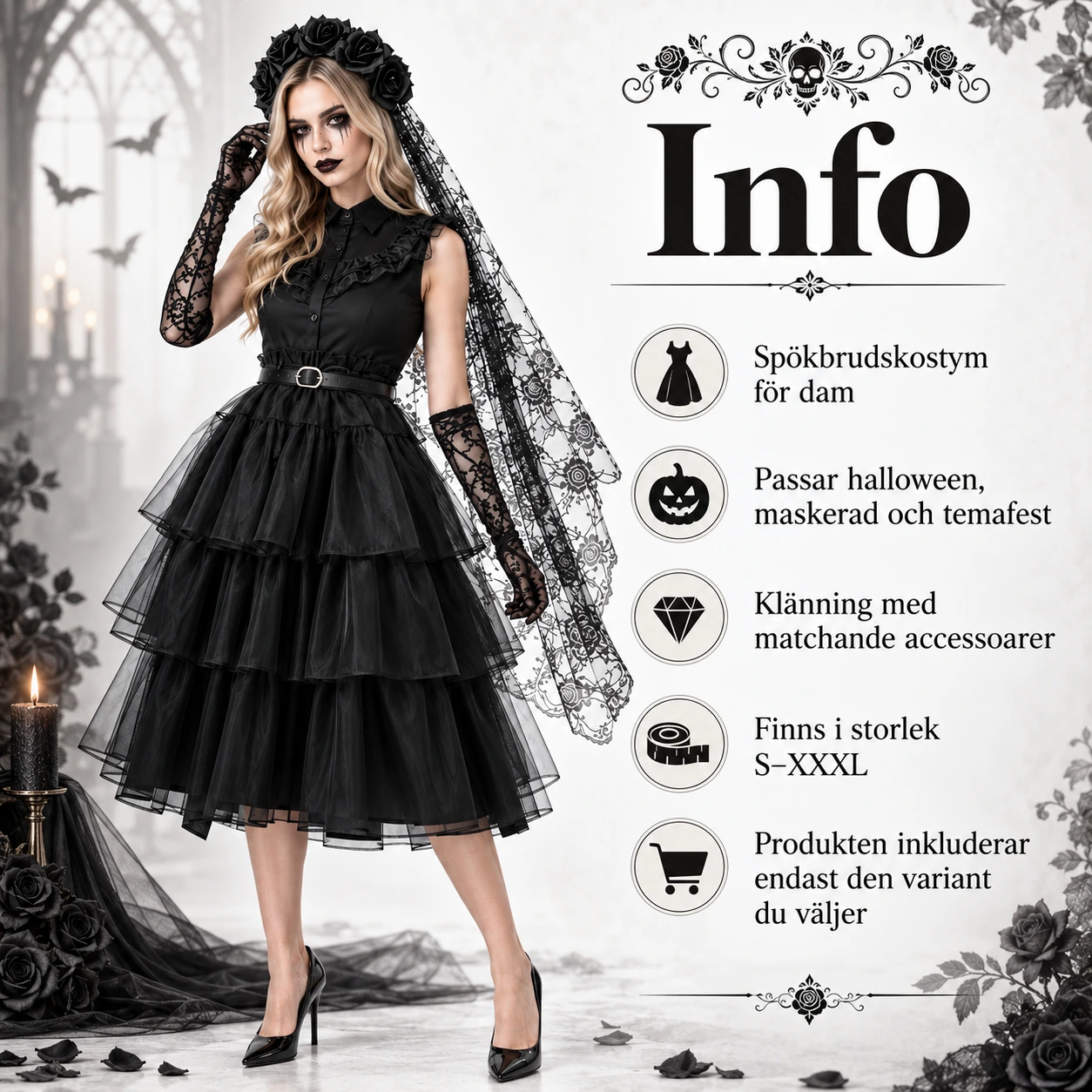 Spökbrud halloweenkostym för dam med klänning och accessoarer