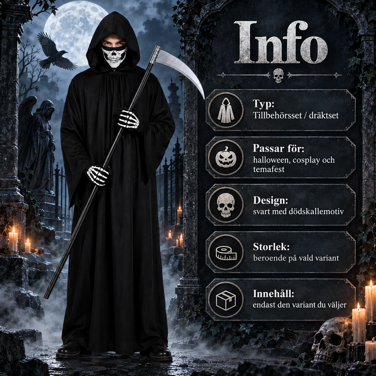Dödsängeln Liemannen Dräkt med Kåpa, Lie, Handskar och Ansiktsmask