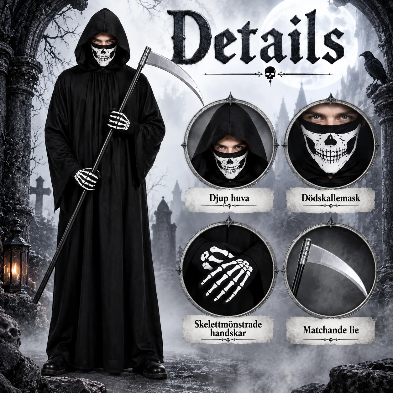 Dödsängeln Liemannen Dräkt med Kåpa, Lie, Handskar och Ansiktsmask