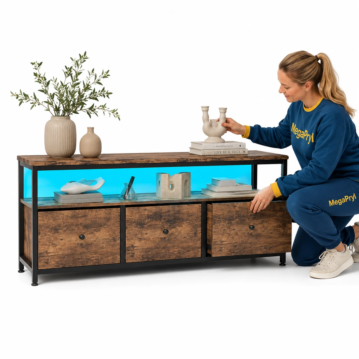 Tv-bänk med 3 tyg lådor och LED-belysning