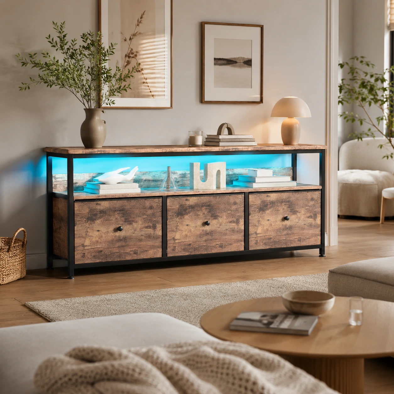 Tv-bänk med 3 tyg lådor och LED-belysning