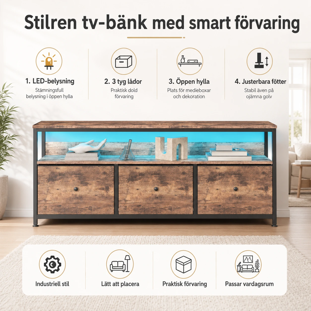 Tv-bänk med 3 tyg lådor och LED-belysning