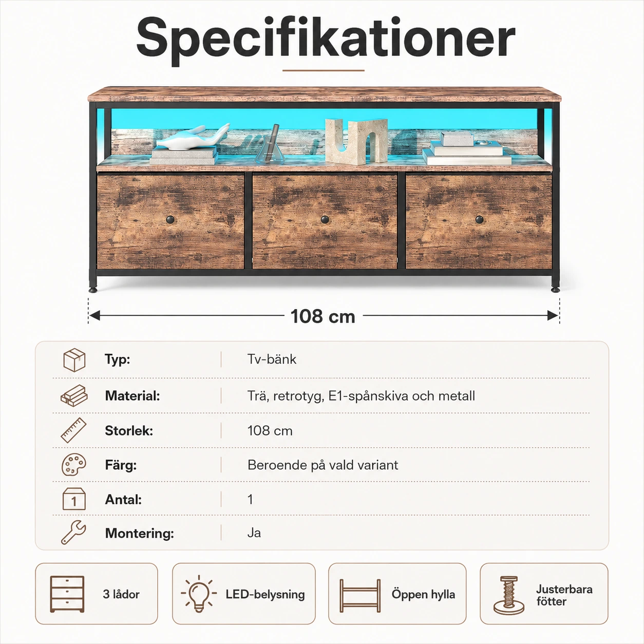 Tv-bänk med 3 tyg lådor och LED-belysning