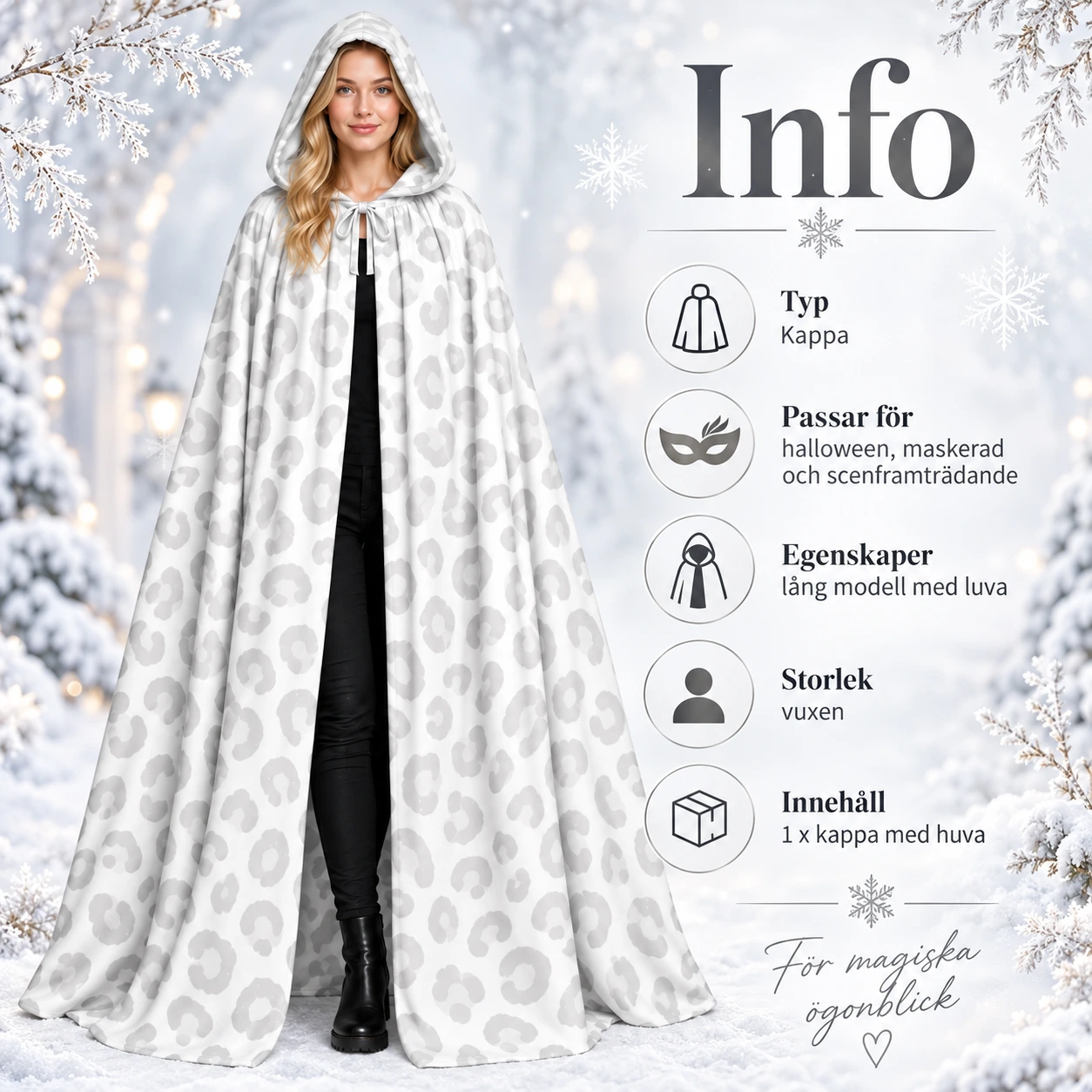 Vit Snöleopardmönstrad Mantel med Luva