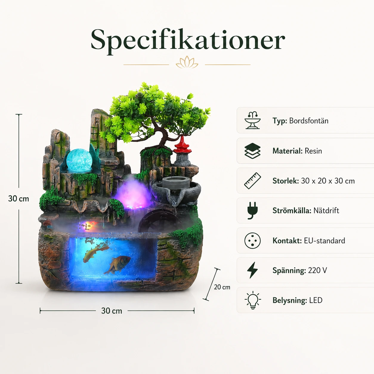 Bordsfontän för inomhusbruk med LED-belysning och dimma
