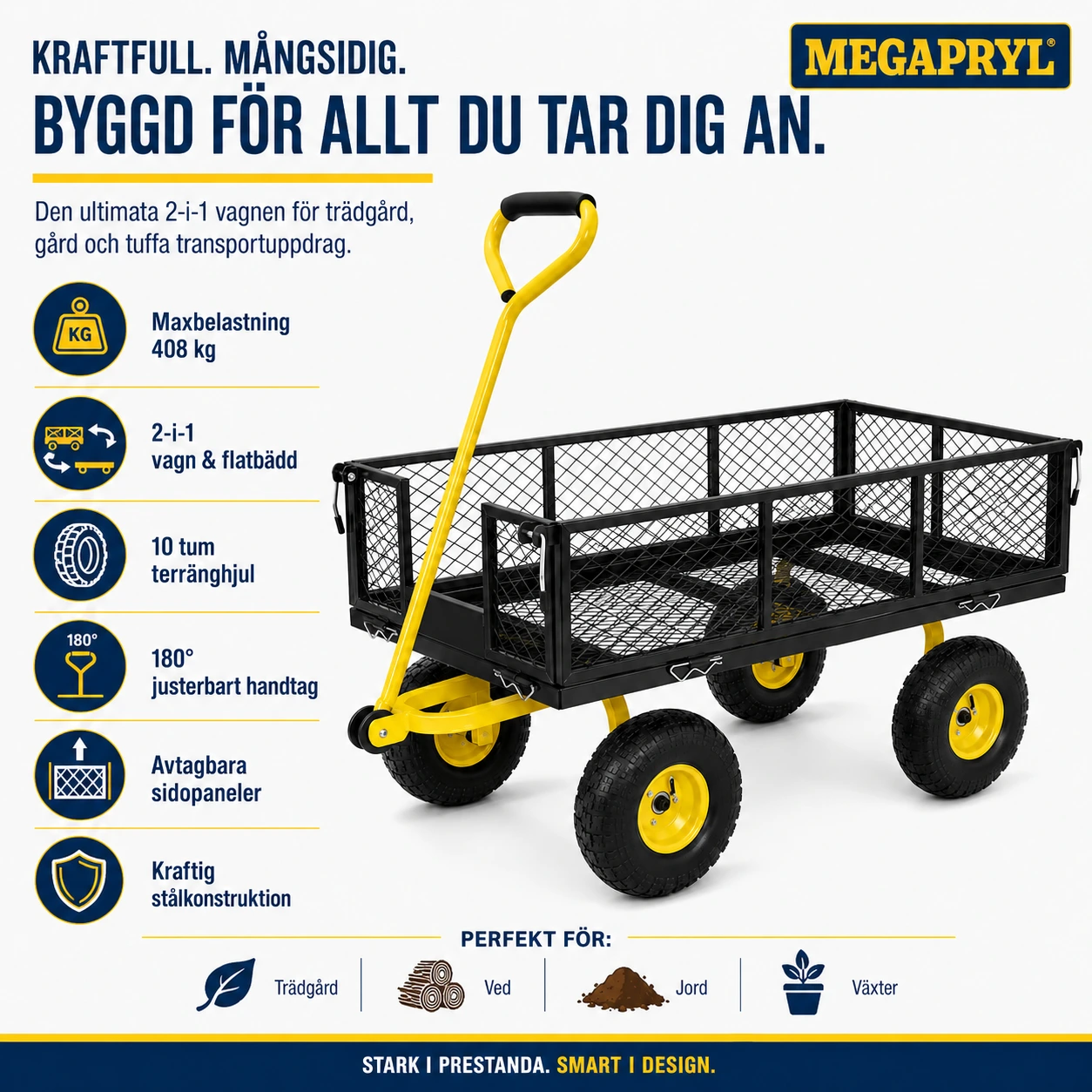 Trädgårdsvagn 2-i-1 med terränghjul 408 kg