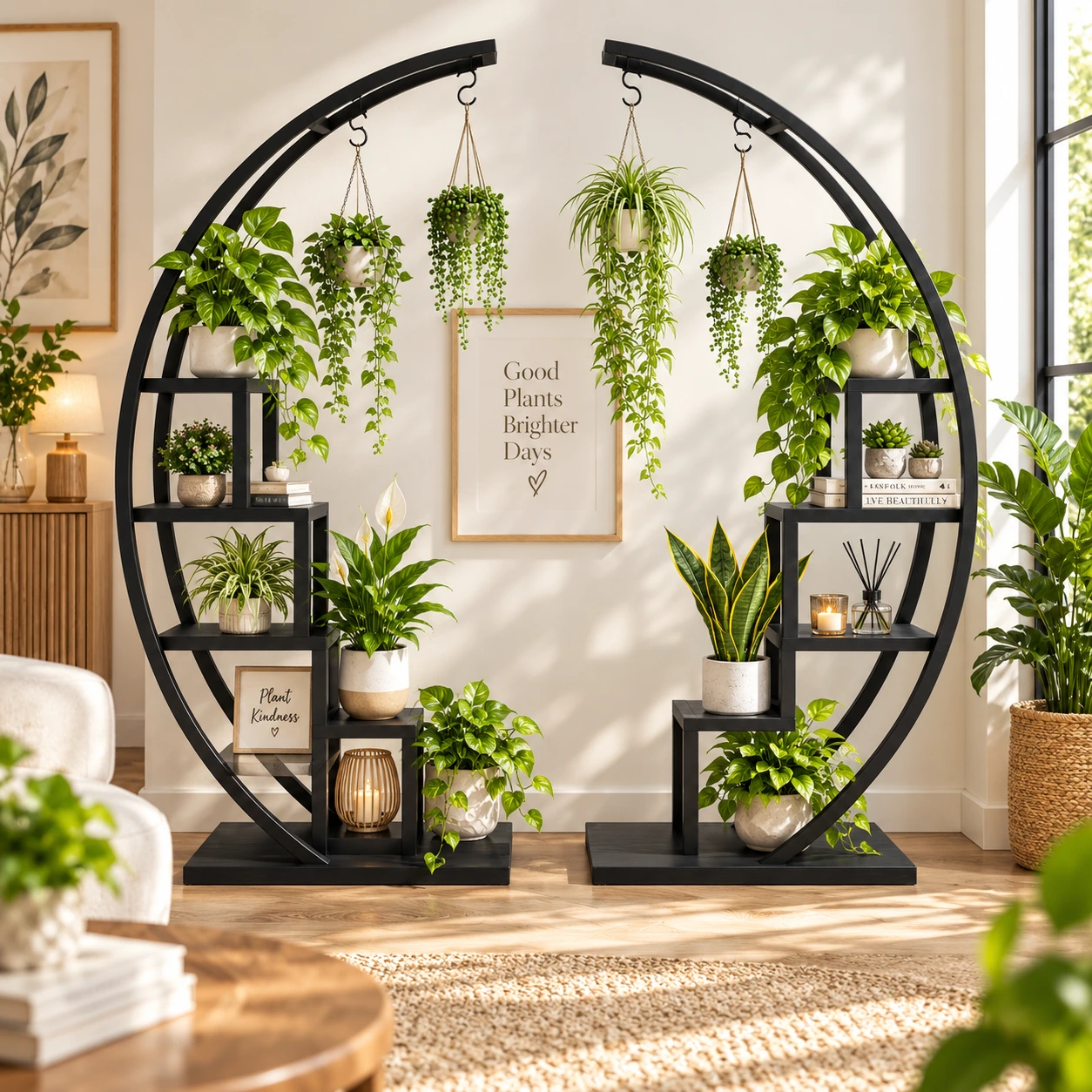 Halvmåneformat blomsterställ för hem och uteplats