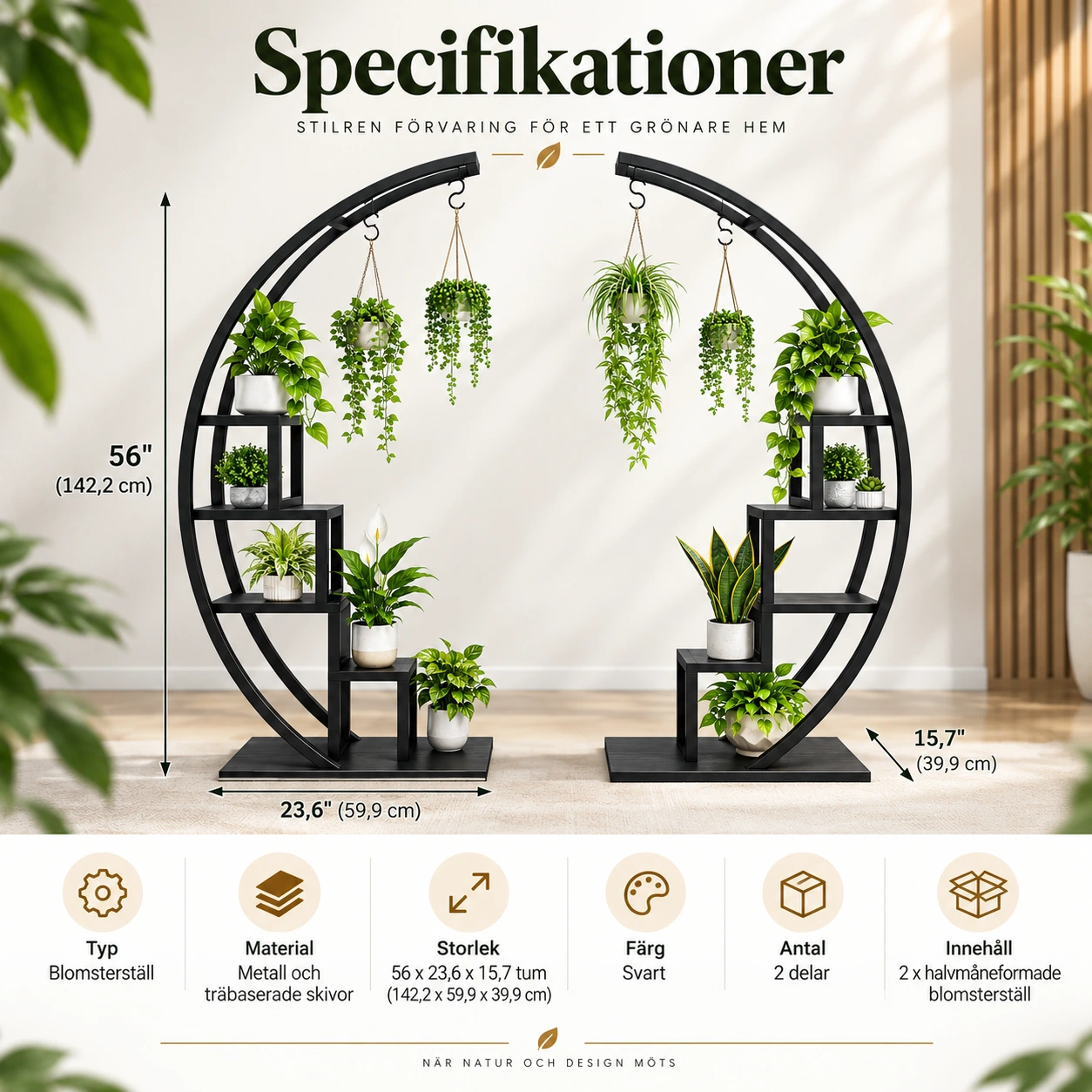 Halvmåneformat blomsterställ för hem och uteplats