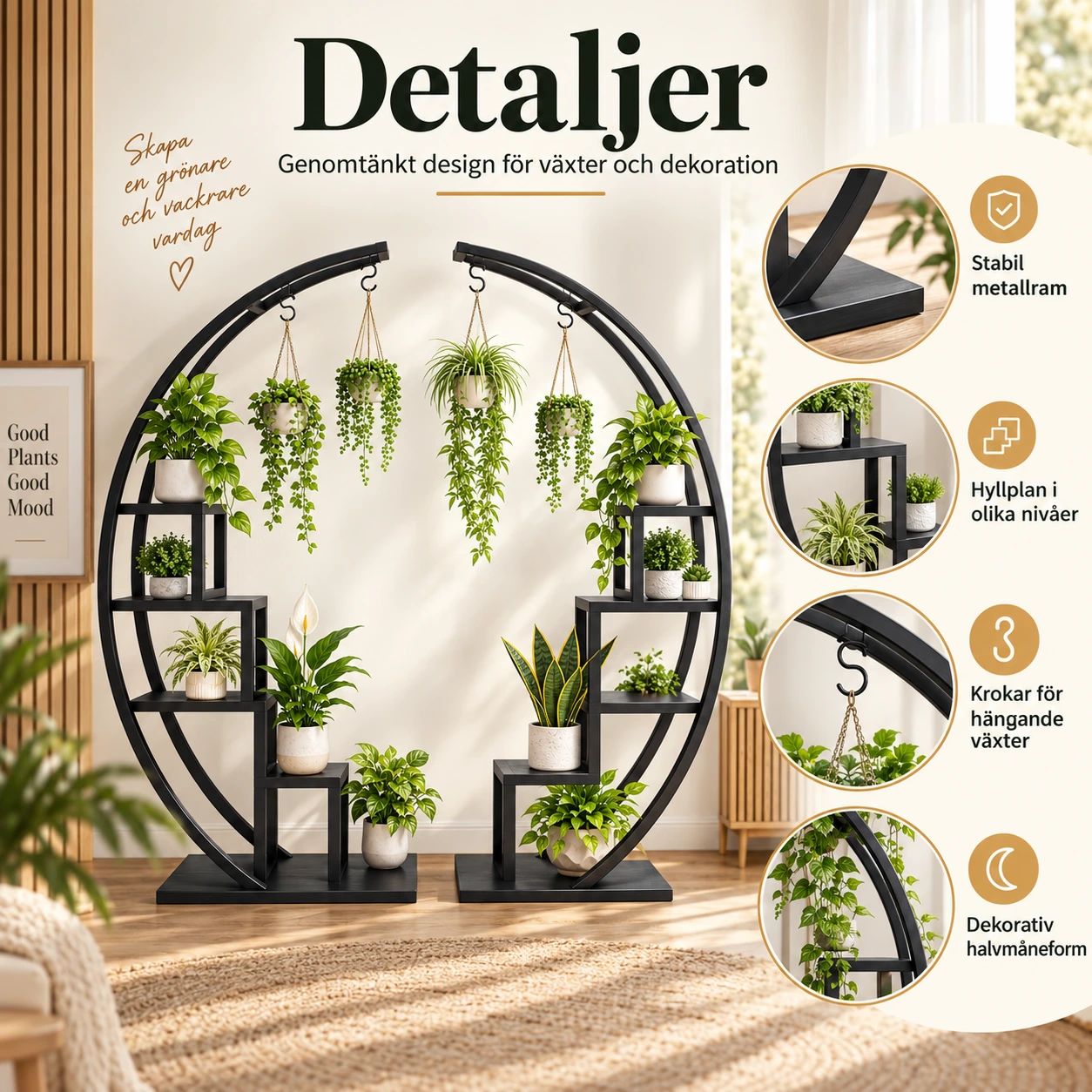 Halvmåneformat blomsterställ för hem och uteplats