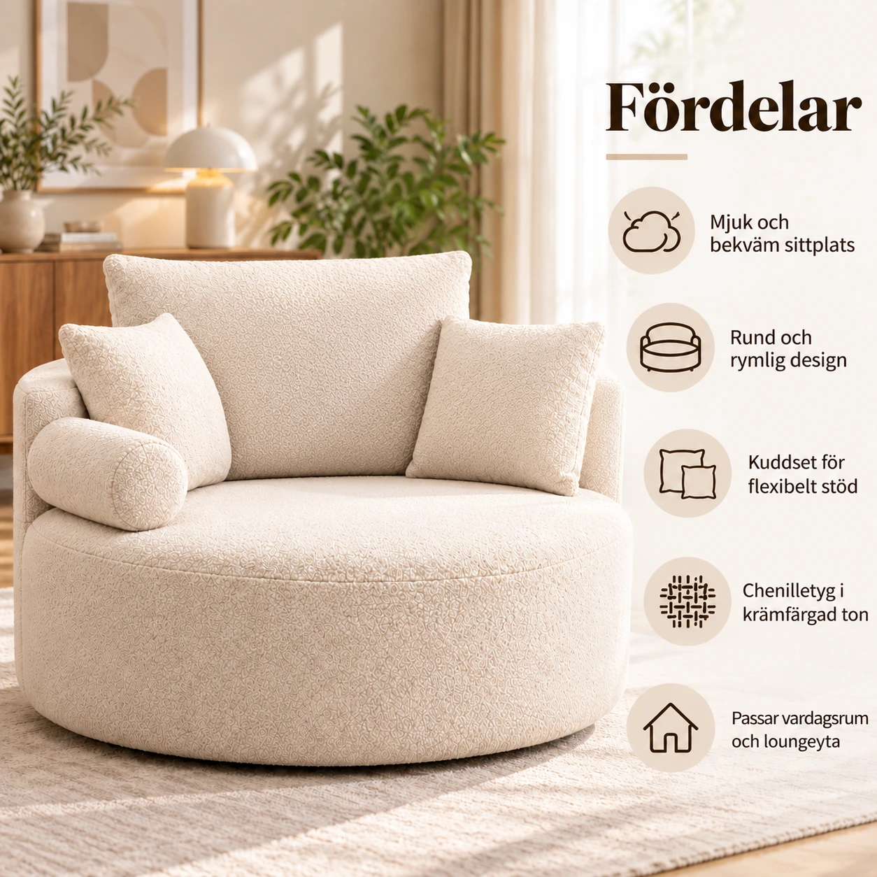 Rund golvsoffa för vardagsrum med kuddset, 130 x 130 cm