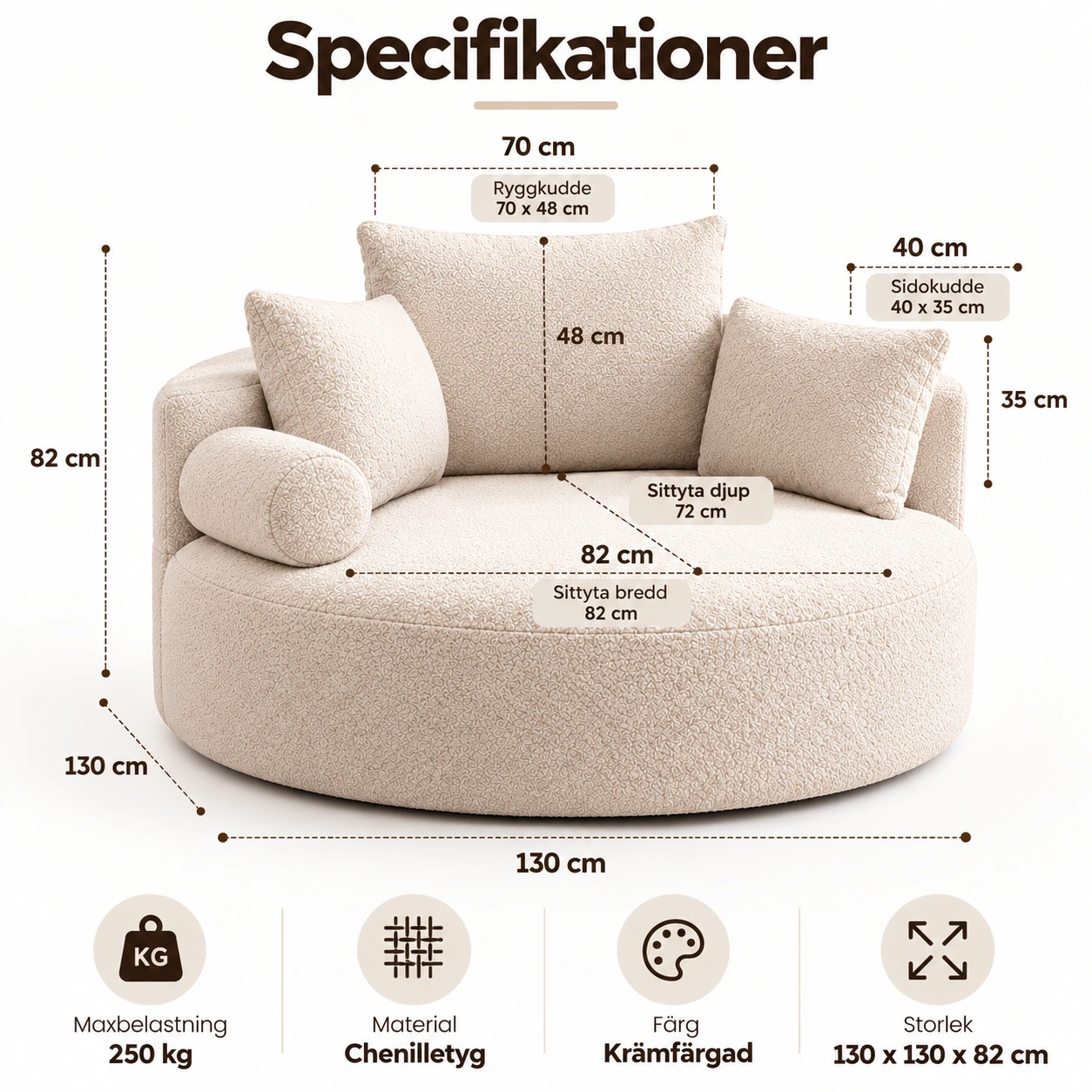 Rund golvsoffa för vardagsrum med kuddset, 130 x 130 cm