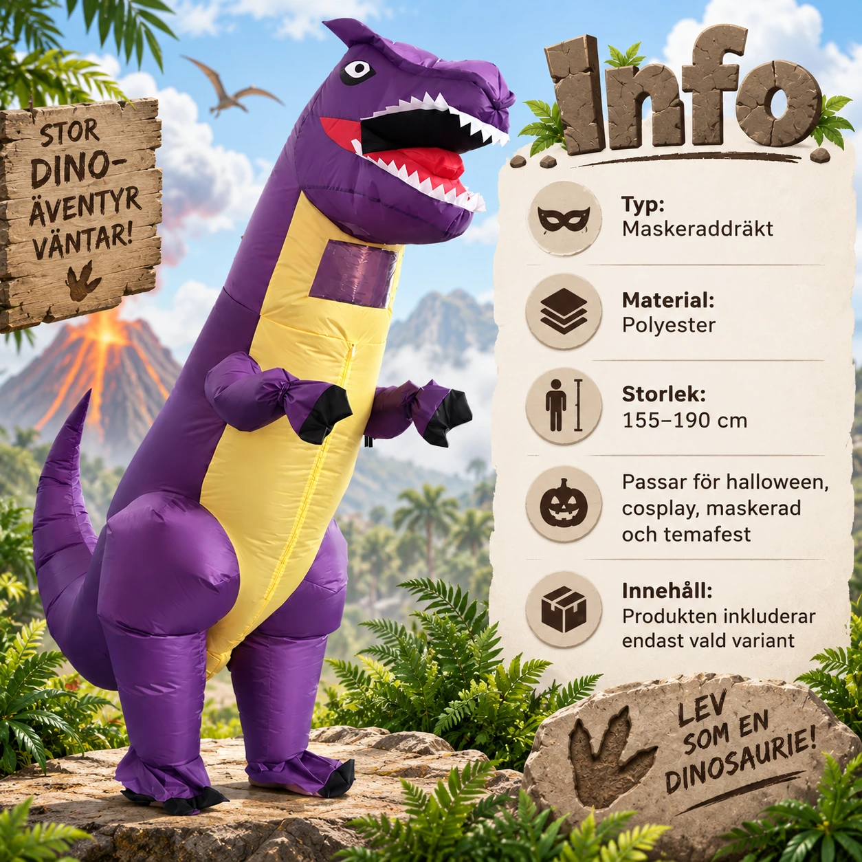 Uppblåsbar Lila och Gul T-Rex Dinosauriekostym för Vuxna