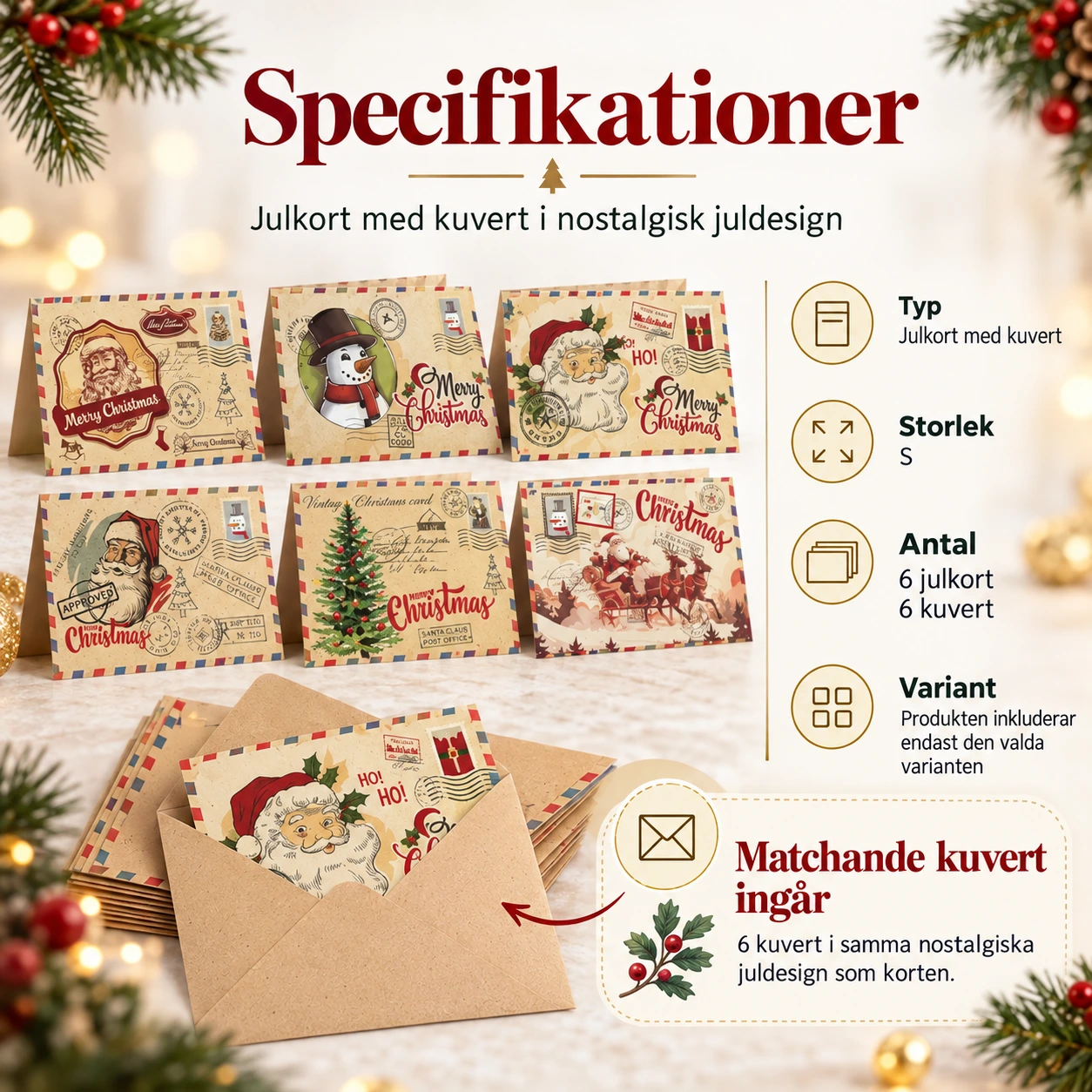 Julkort med kuvert i nostalgisk juldesign