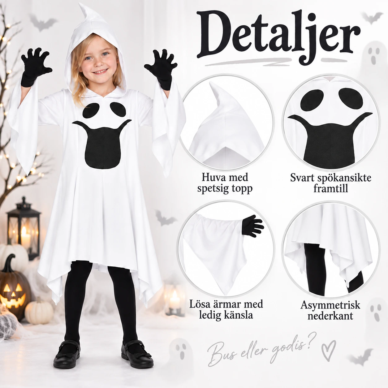 Spökkostym för barn med huva för halloween och maskerad