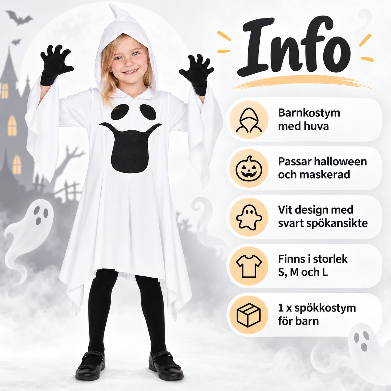 Spökkostym för barn med huva för halloween och maskerad