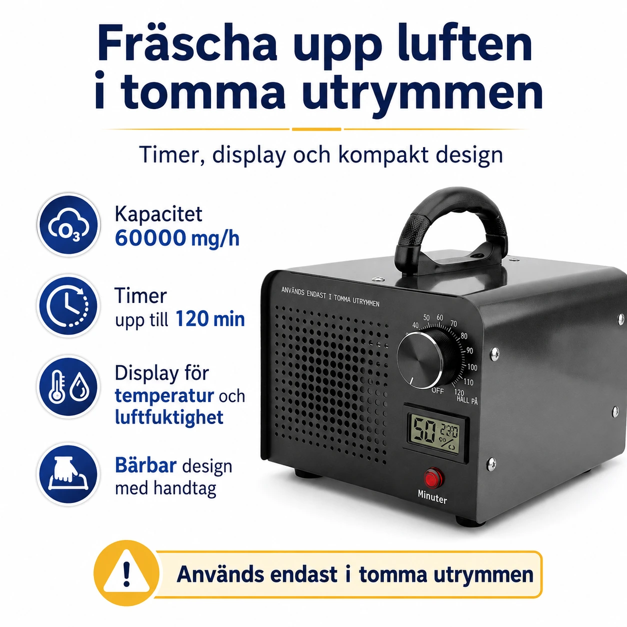 Otsonigeneraattori ilmanpuhdistukseen ajastimella ja näytöllä