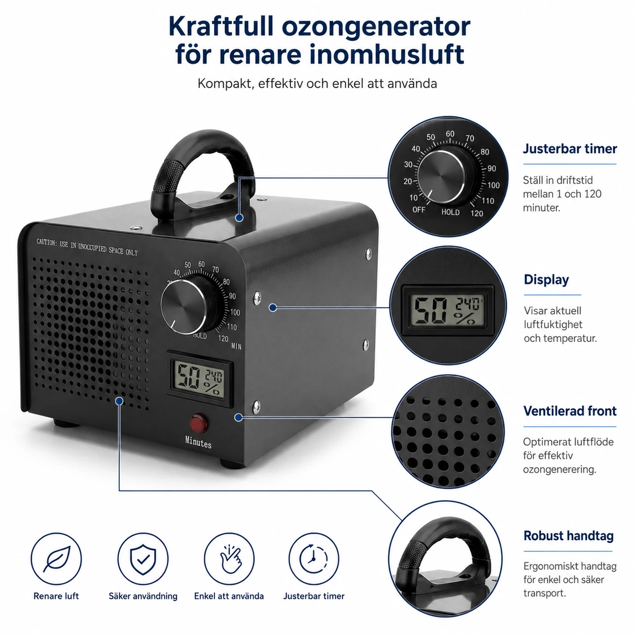 Ozongenerator för luftrening med timer och display