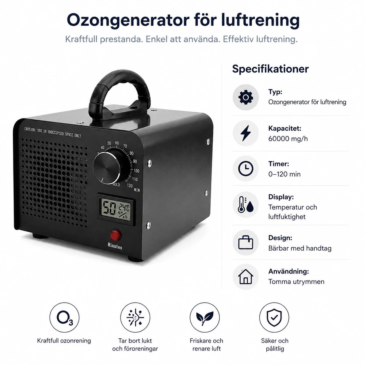 Ozongenerator för luftrening med timer och display