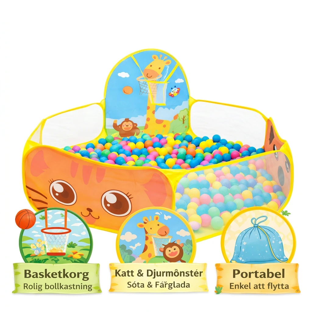 Bollhav med basket – lekpool för barn med kattdesign
