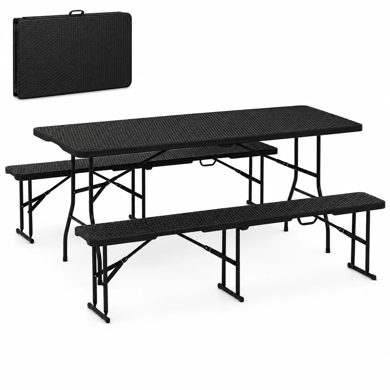 Picknickbord Hopfällbart med 2 Bänkar – Svart 180 cm