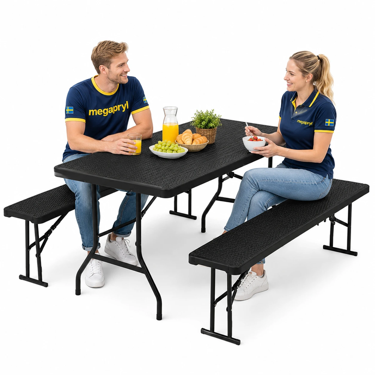 Picknickbord Hopfällbart med 2 Bänkar – Svart 180 cm