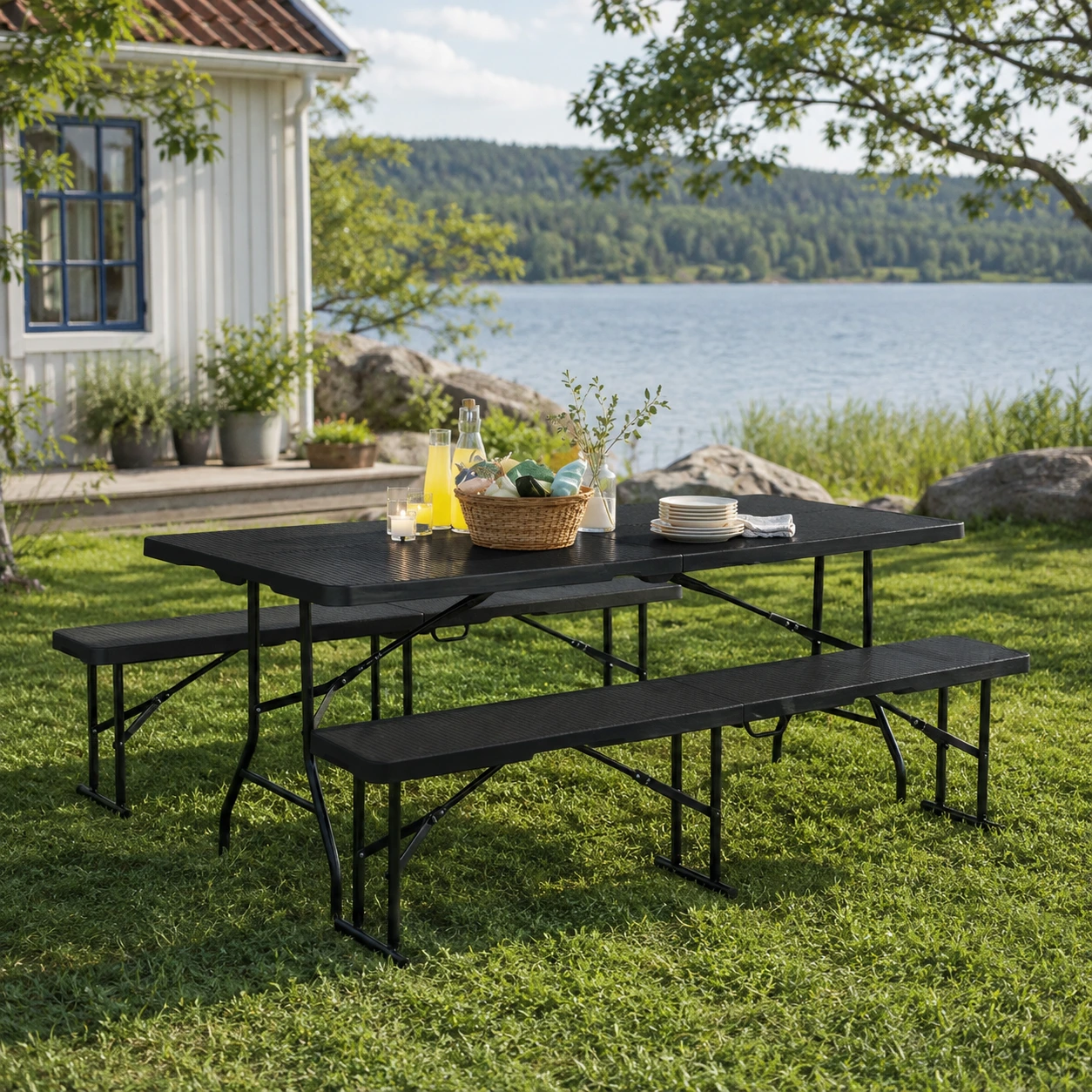 Picknickbord Hopfällbart med 2 Bänkar – Svart 180 cm