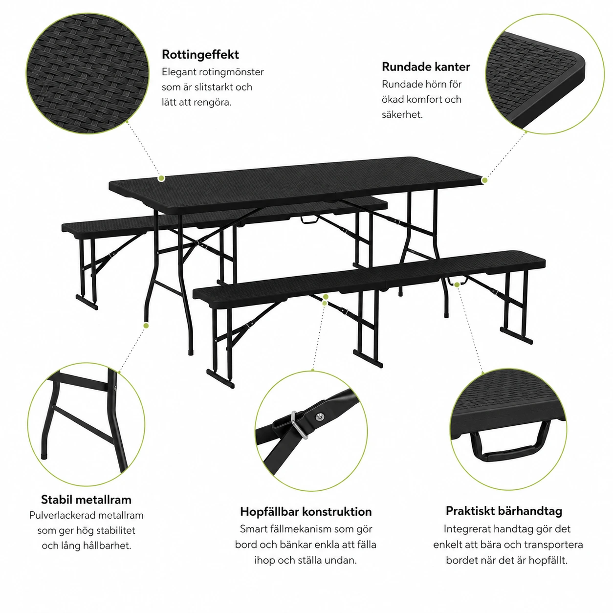 Picknickbord Hopfällbart med 2 Bänkar – Svart 180 cm