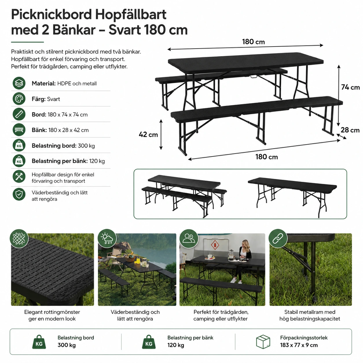 Picknickbord Hopfällbart med 2 Bänkar – Svart 180 cm