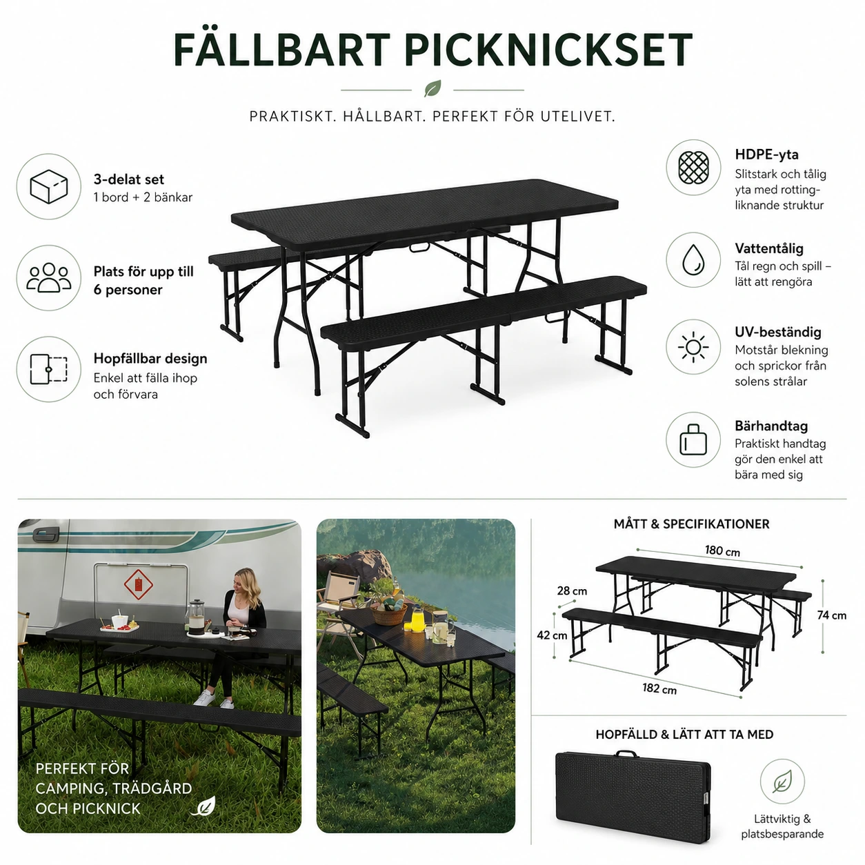 Picknickbord Hopfällbart med 2 Bänkar – Svart 180 cm