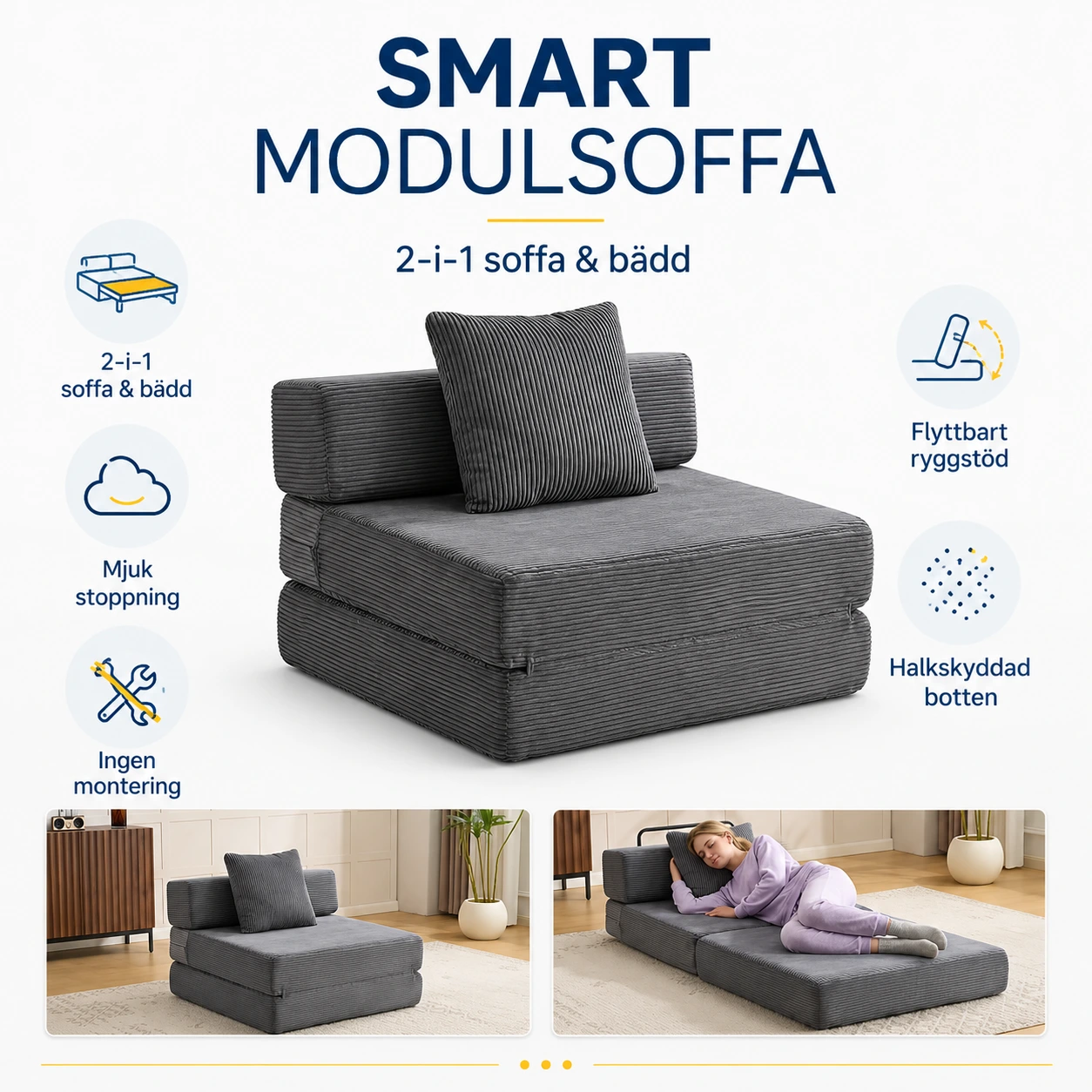Modulsoffa 1-Sits i Manchester Mörkgrå Bäddfåtölj
