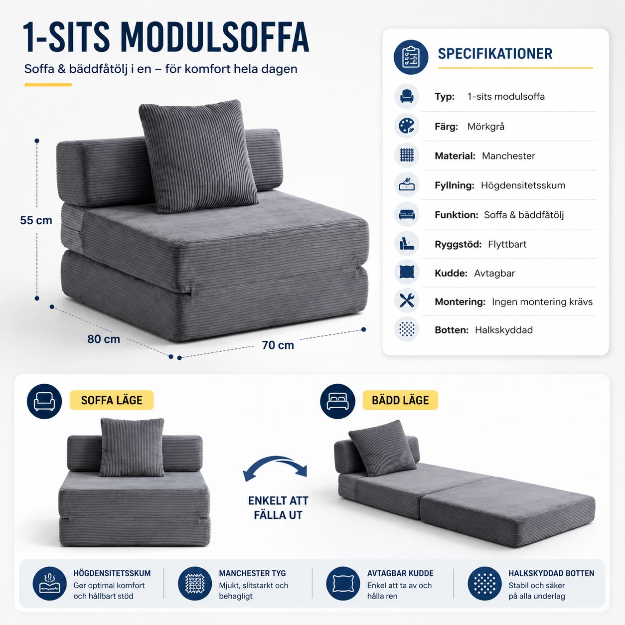 Modulsoffa 1-Sits i Manchester Mörkgrå Bäddfåtölj