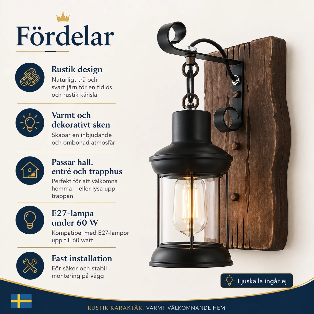 Vägglampa i rustik stil för inomhusbruk