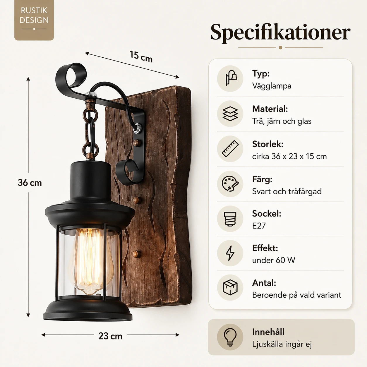 Vägglampa i rustik stil för inomhusbruk